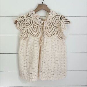 Blue Tassel cream eyelet and lace top with tie at neck sz xs